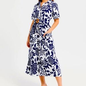 Floral Navy and White Midi Vacation Elegant Floral Dress With Pockets Size M